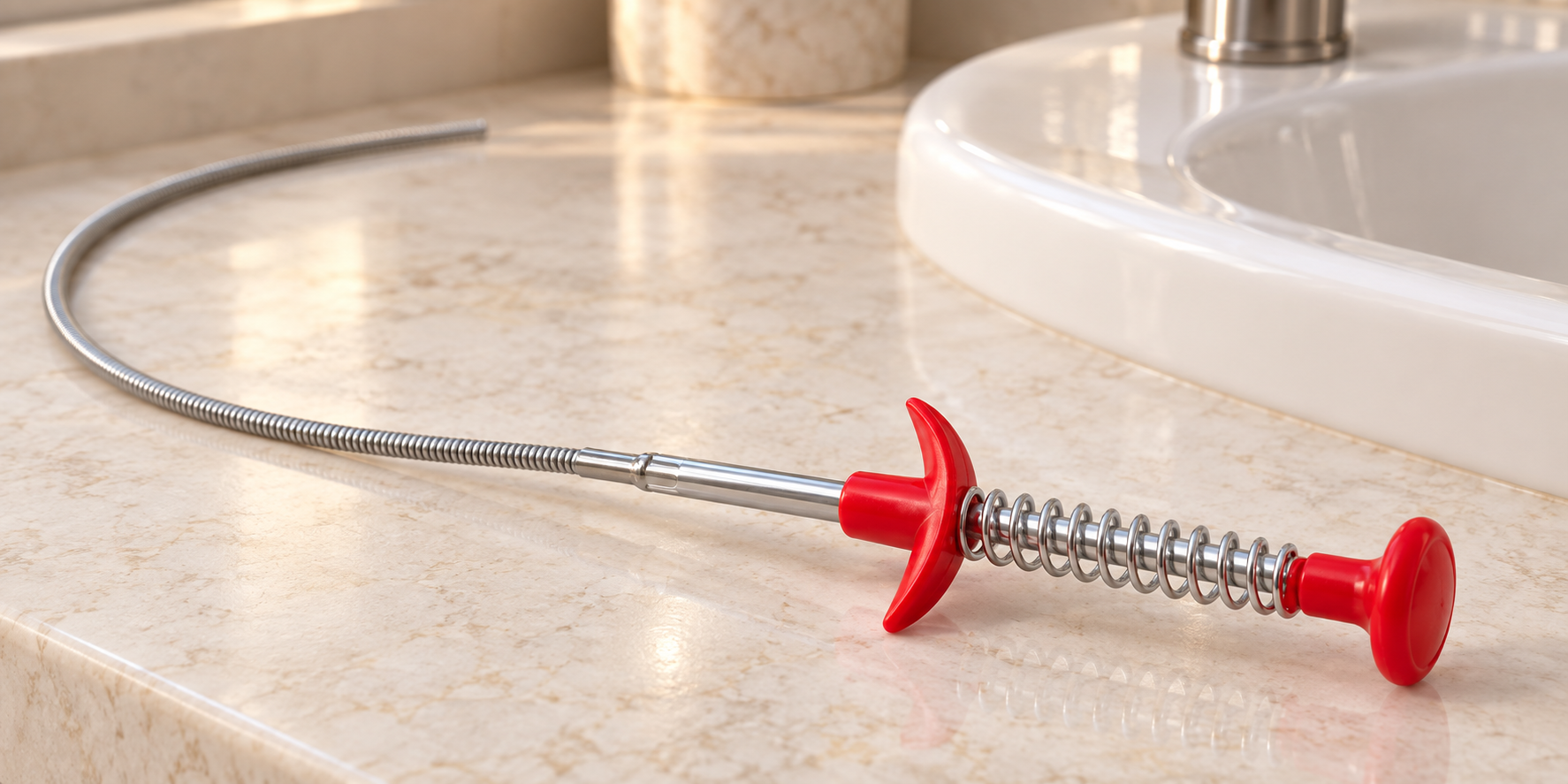 Close view of the red plunger handle and silver spring beside a sink