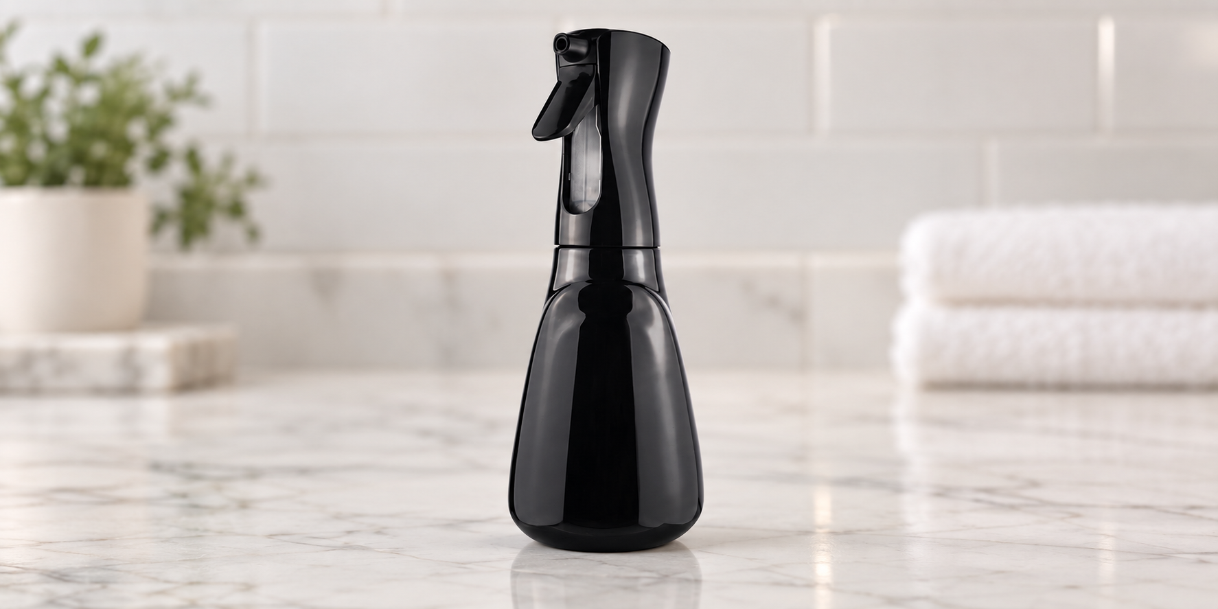 Black foaming spray bottle on a bathroom counter