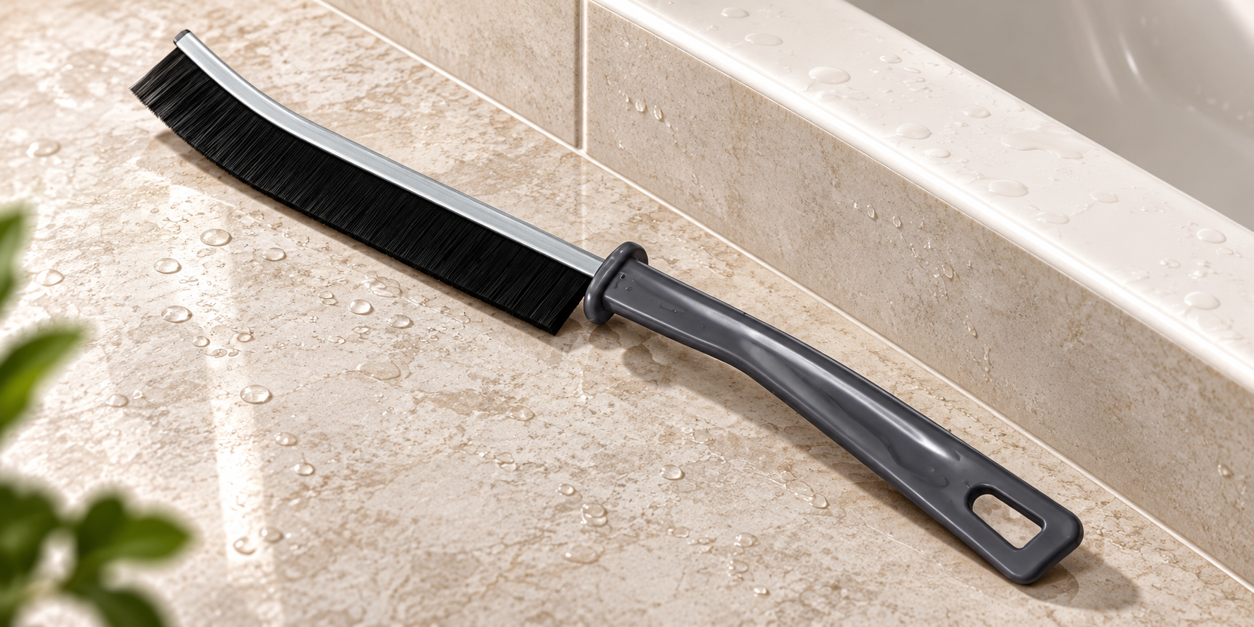 Manual grout brush beside a bathroom sink