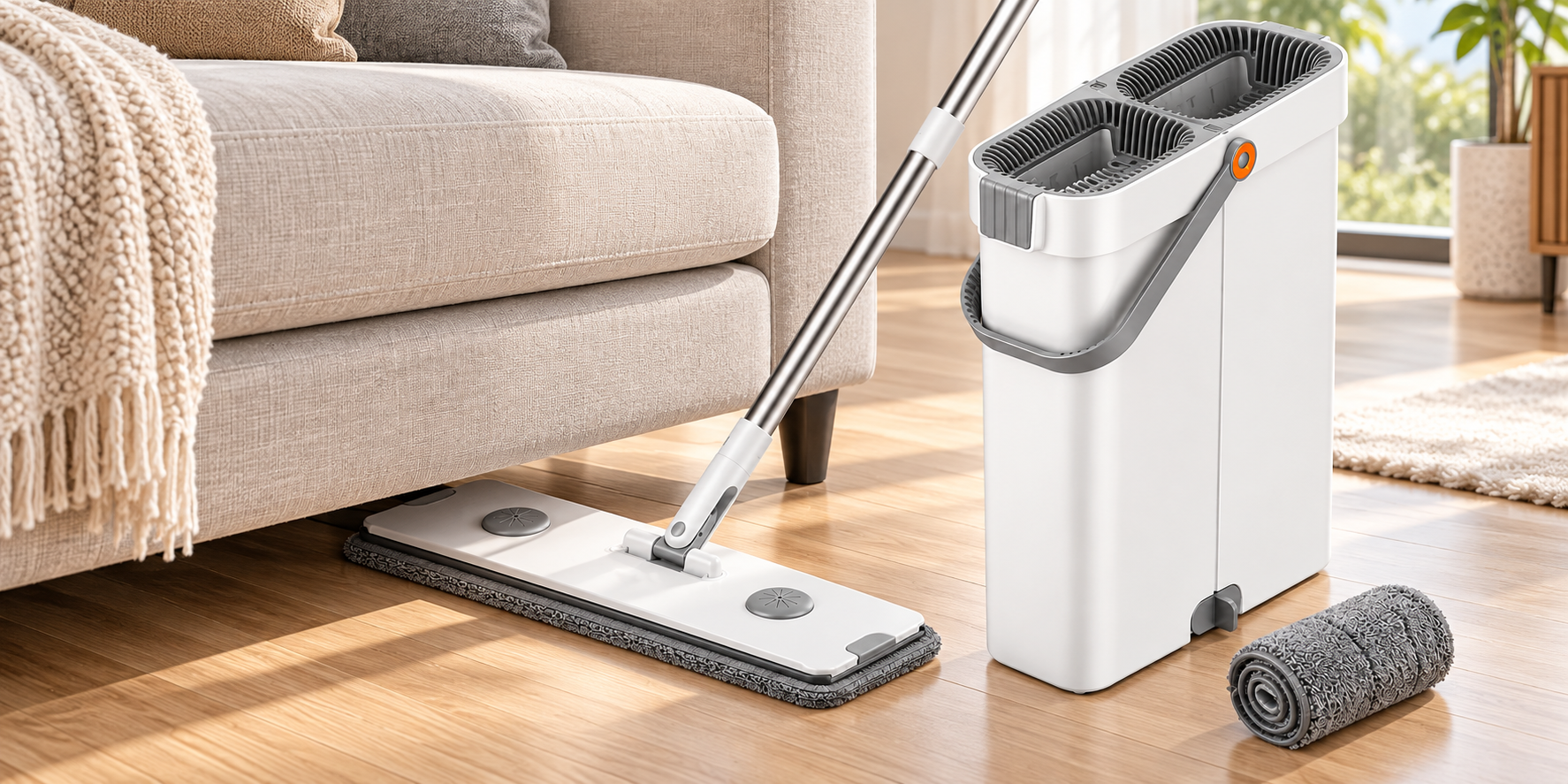 White flat mop sliding under a sofa beside its narrow wash-and-dry bucket