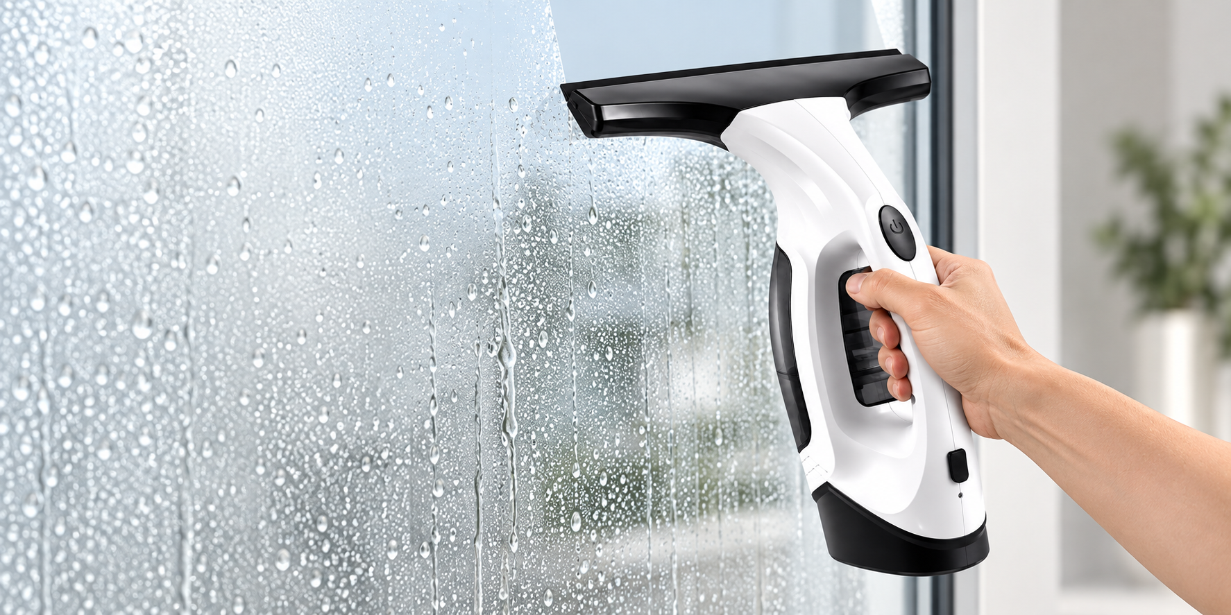 Handheld window vacuum guiding a squeegee across wet glass