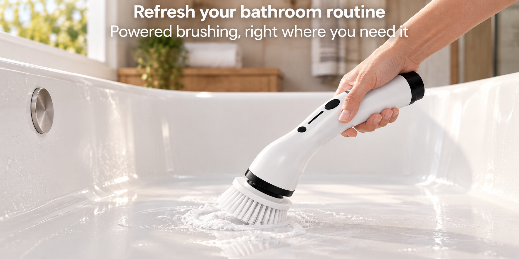 Spin scrubber used with its extended handle in a bathroom
