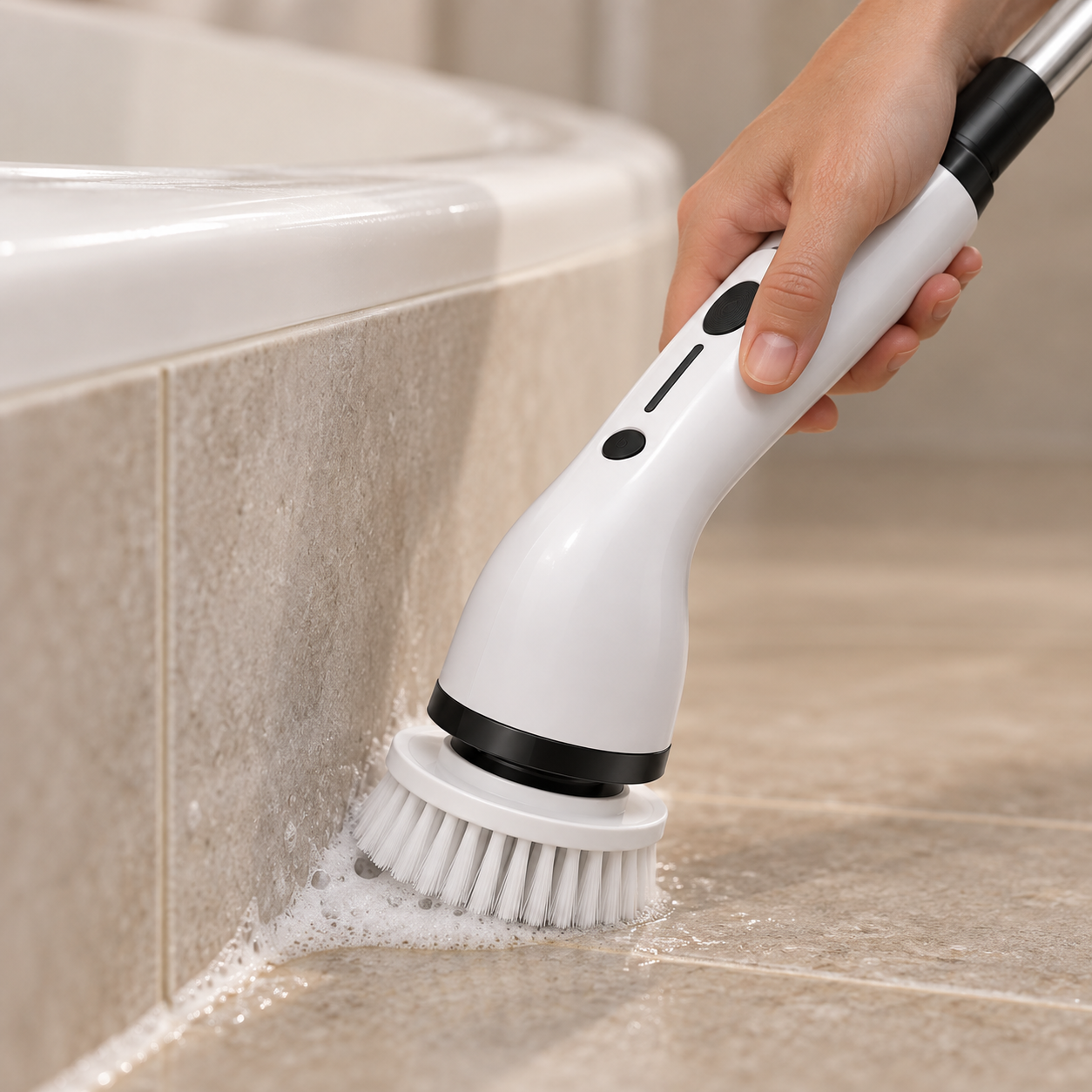 Handheld scrubber cleaning details around a tub