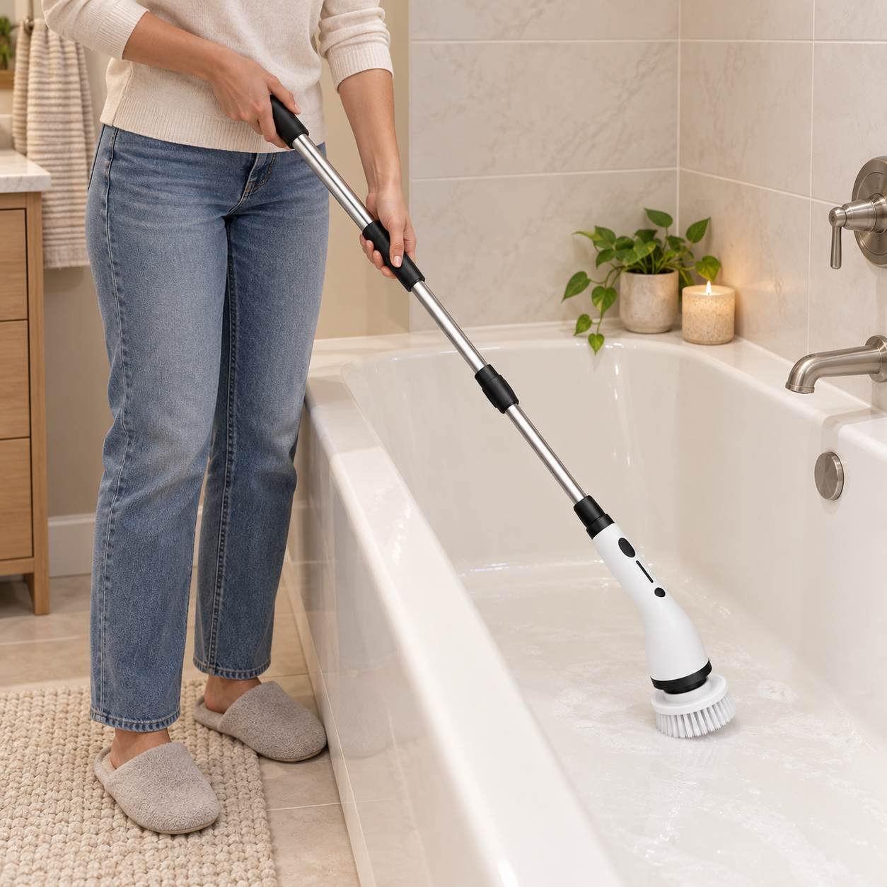 Using the extended scrubber handle to reach across a bathtub