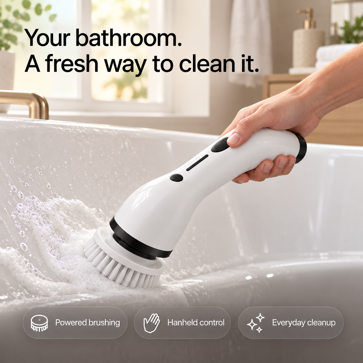 Spin scrubber cleaning a bathtub