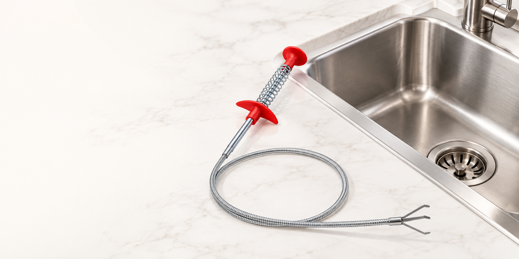 Red-handled drain spring tool beside a stainless-steel sink