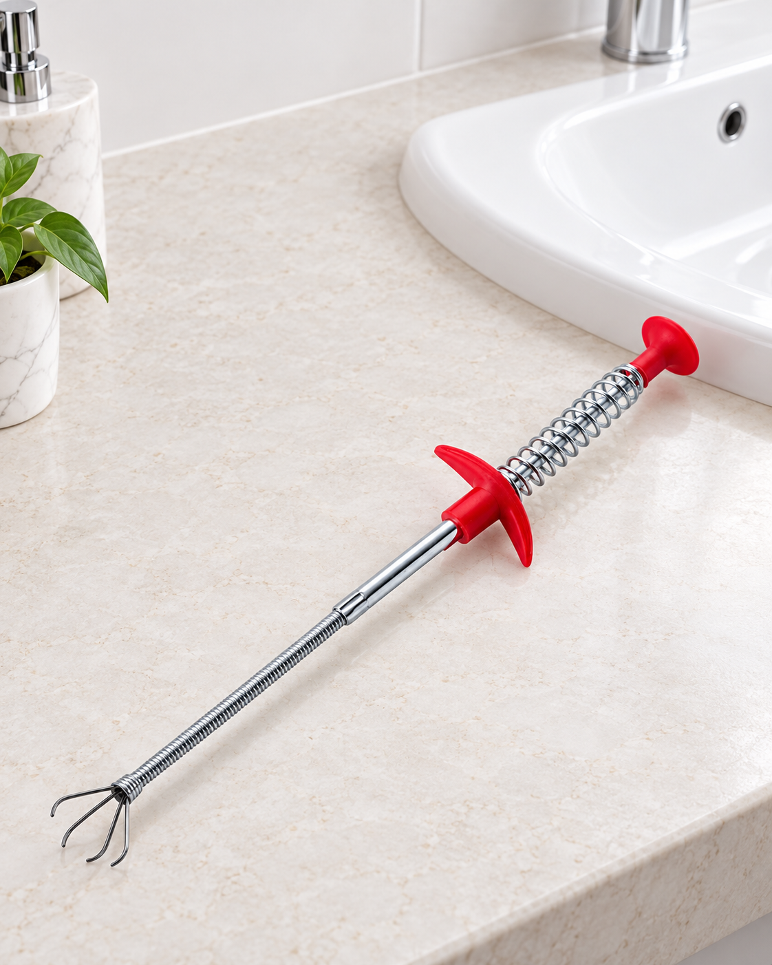 Drain spring tool beside a bathroom sink