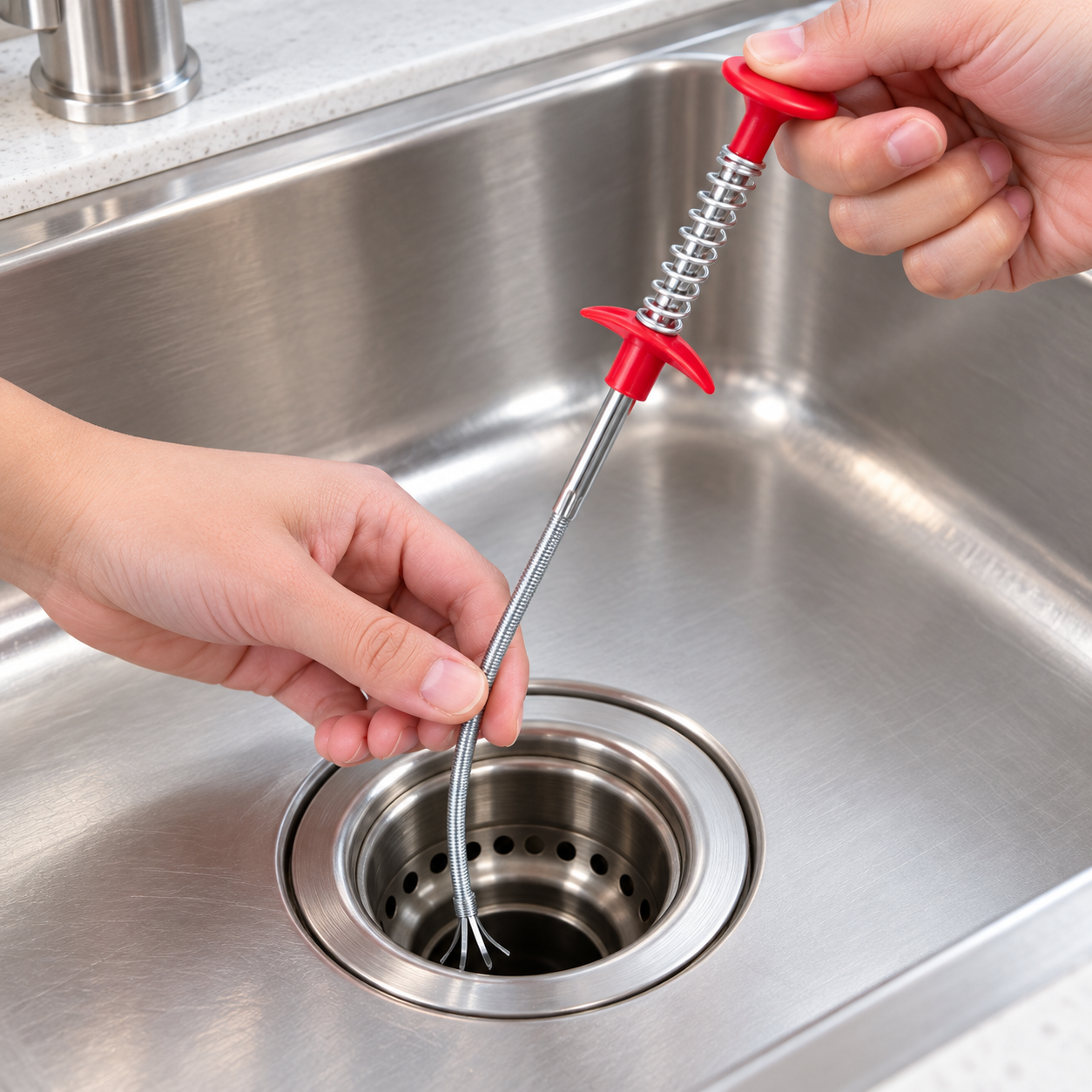 Red-handled drain grabber guided into a sink drain