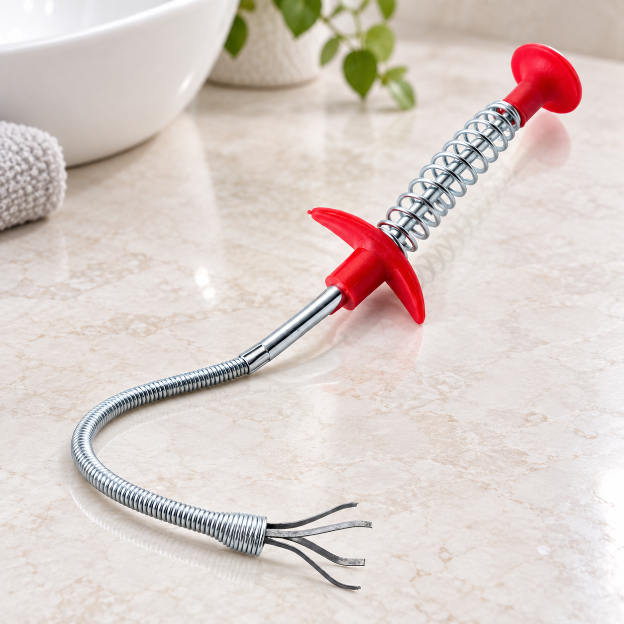 Close view of the red plunger and spring handle