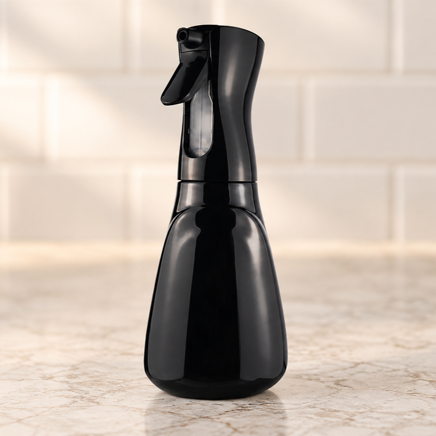 Black foaming spray bottle on a pale kitchen counter
