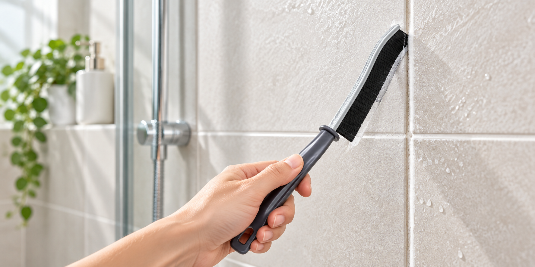 Manual grout brush used along a shower tile joint