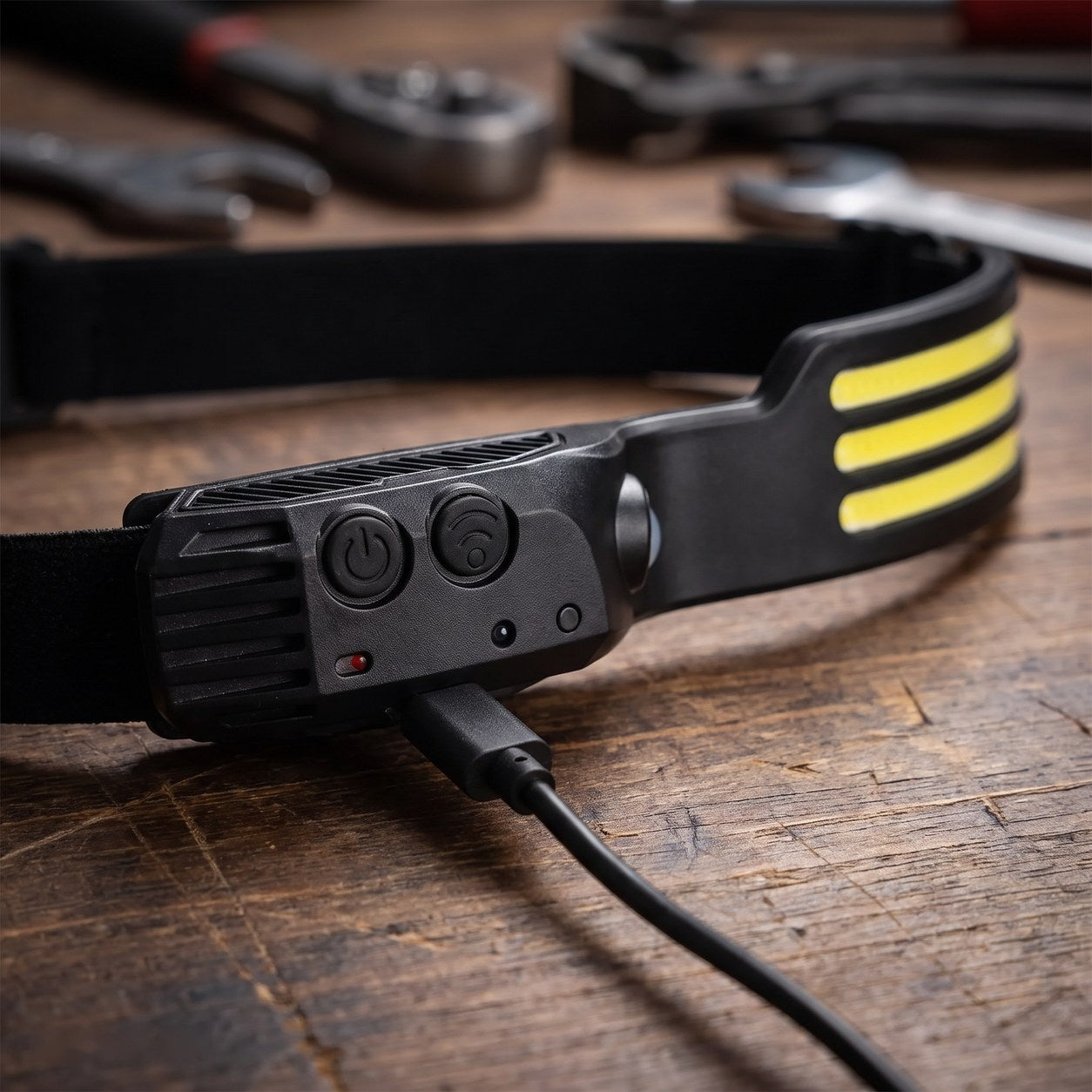 Headlamp control buttons with a USB-C cable plugged into the charging port