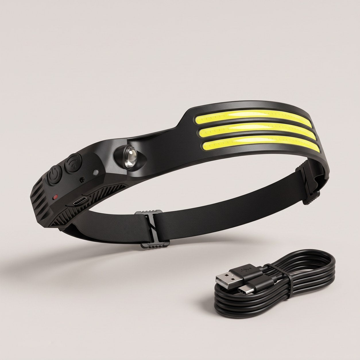 Rechargeable Headlamp with three COB light strips and USB-C cable