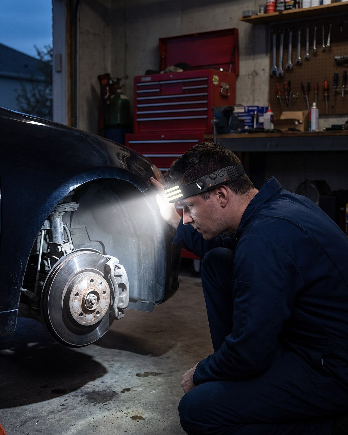 Headlamp lighting a brake disc inside a wheel arch