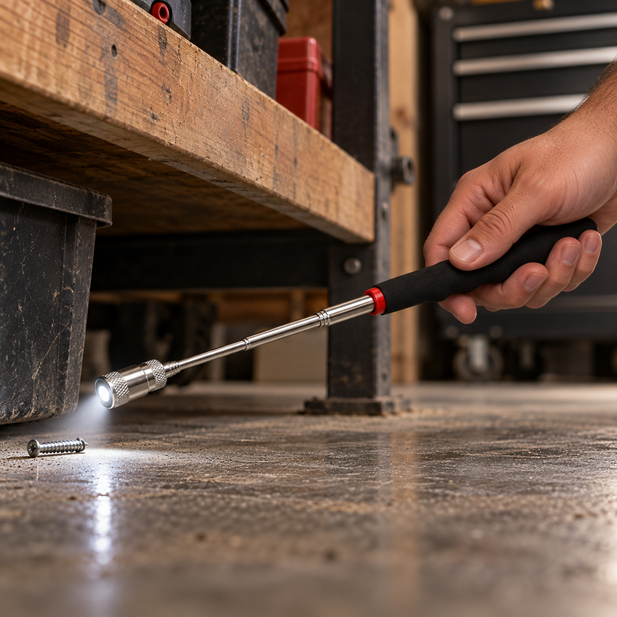 LED magnetic pickup tool reaching beneath a workbench
