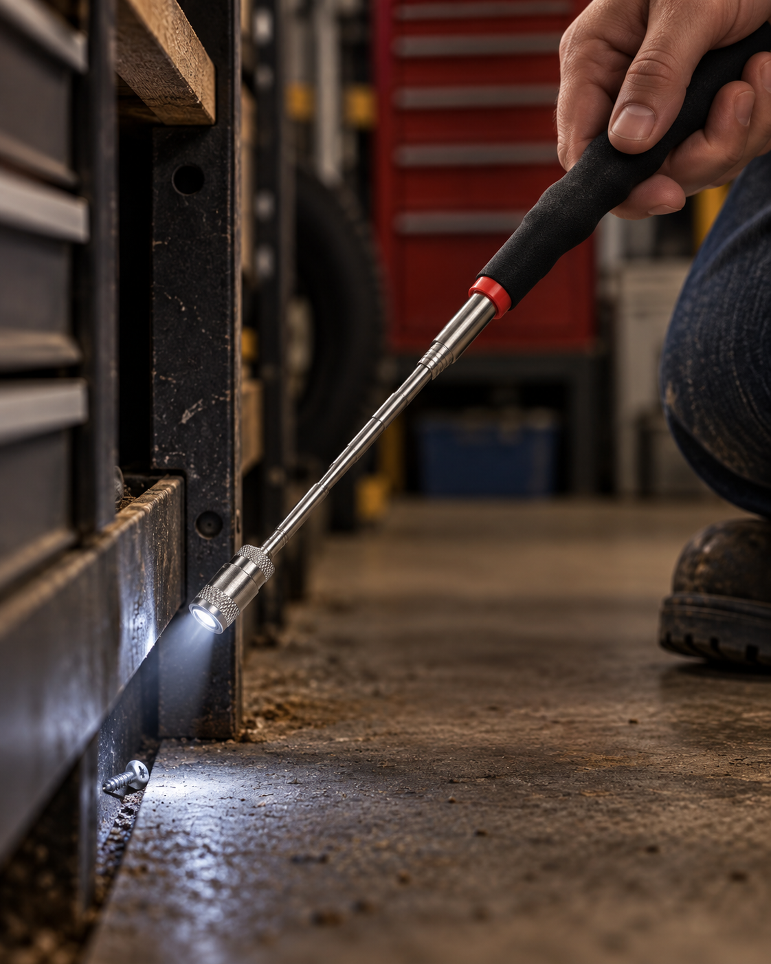 LED magnetic pickup tool in a workshop