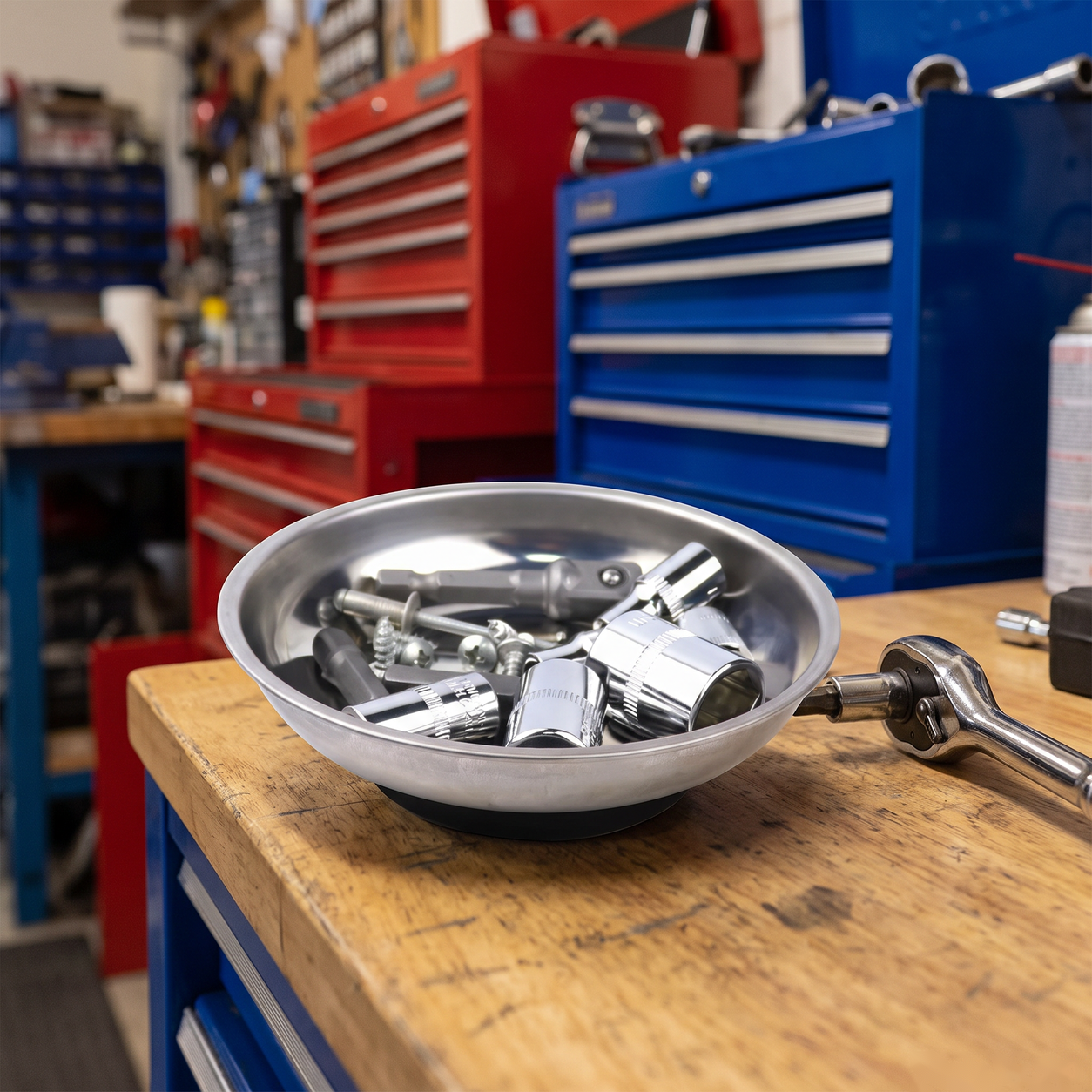 Magnetic parts tray holding sockets and bolts on a garage workbench