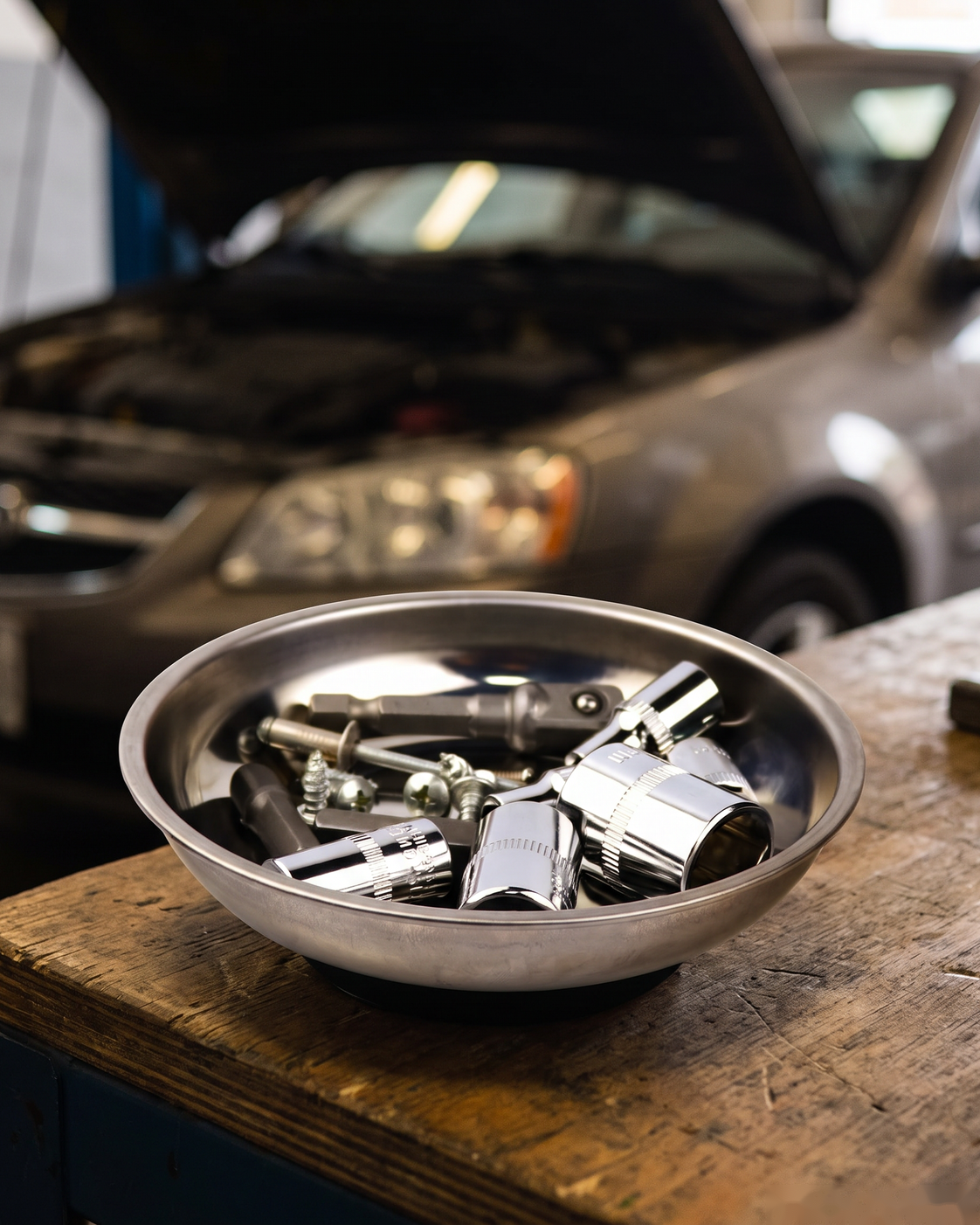 Magnetic parts tray on a workbench in front of a car with the hood open