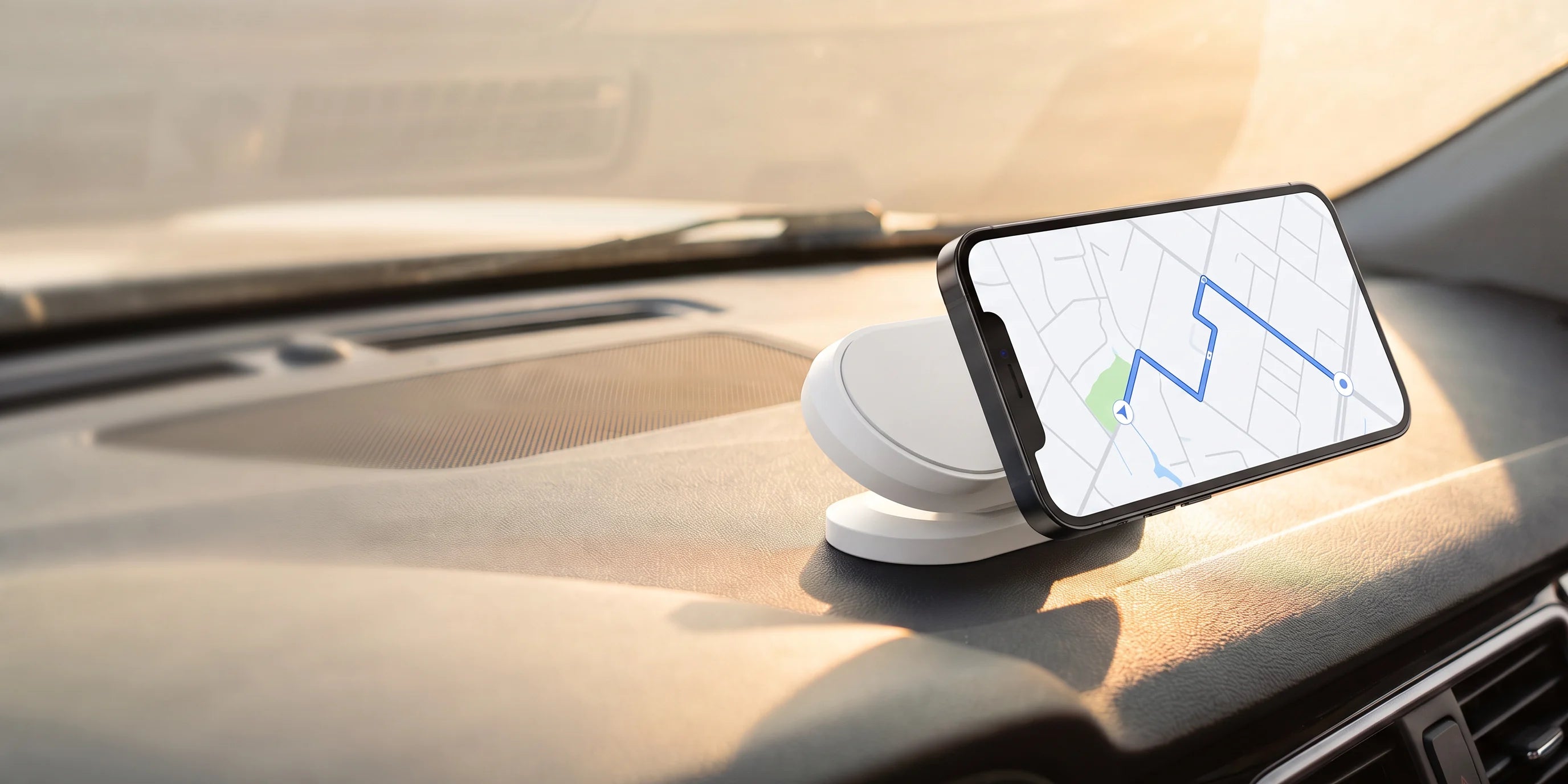 Phone showing a map on a white magnetic dashboard mount