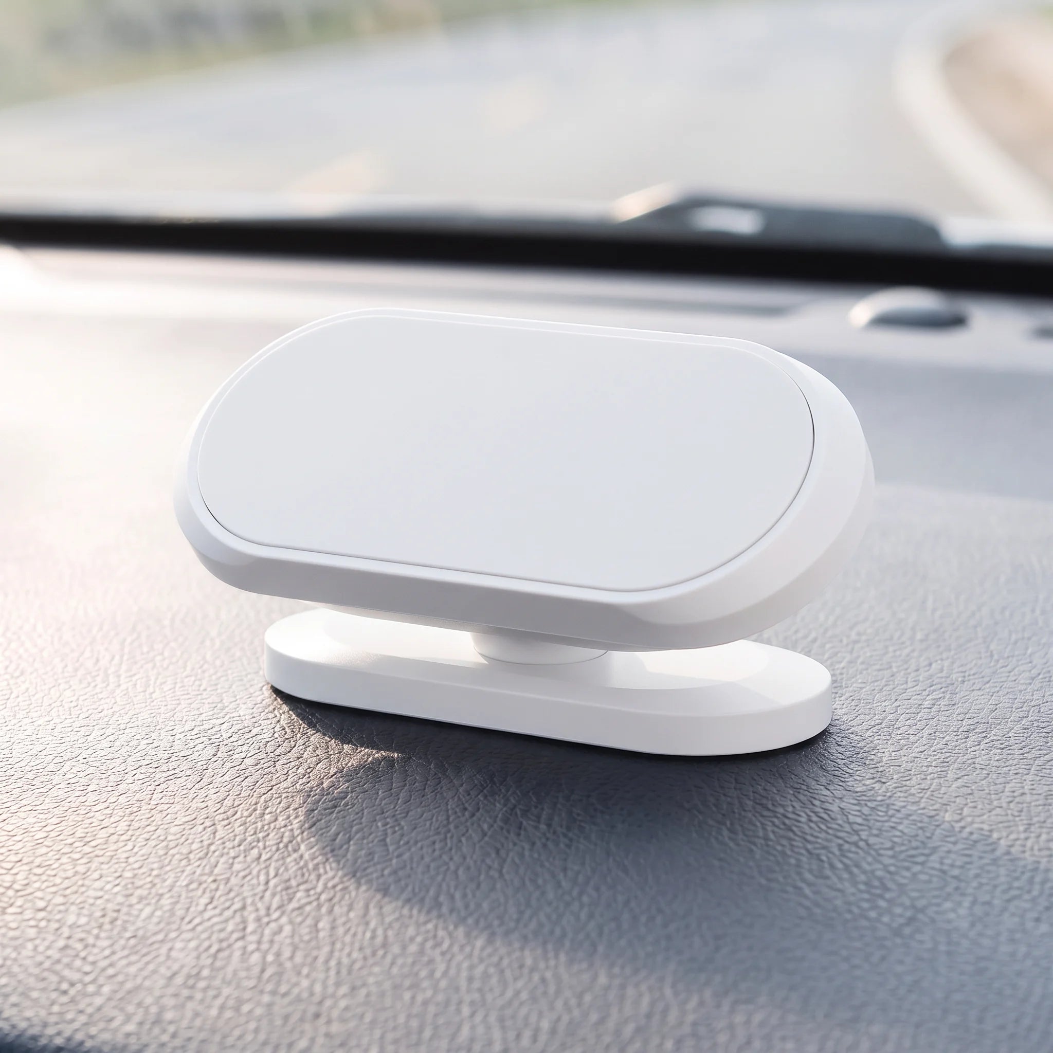 White magnetic phone mount on a car dashboard