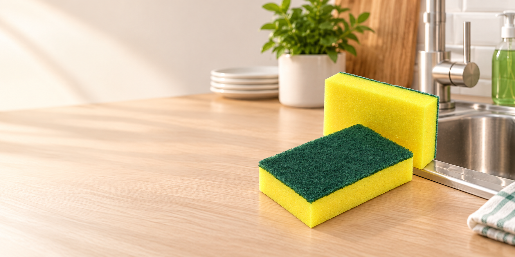 Two sponge scourers beside a kitchen sink