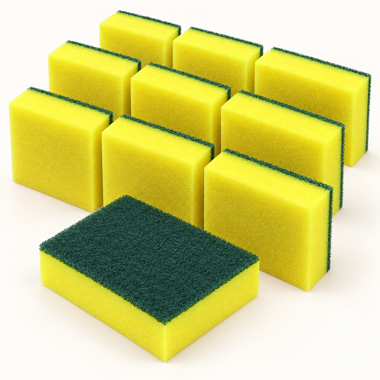 Ten yellow and green sponge scourers