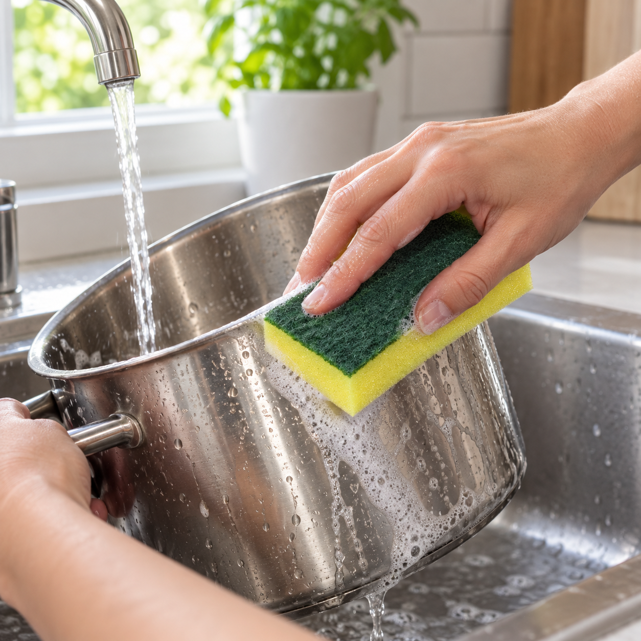 Yellow foam side wiping a pot by the sink