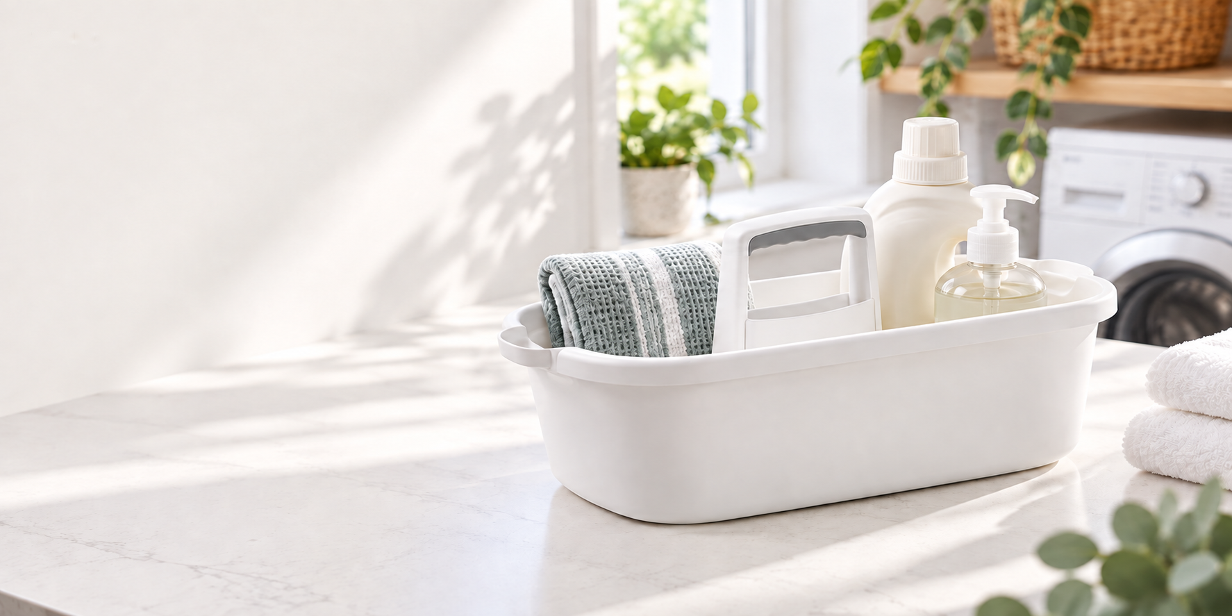 White cleaning caddy on a laundry counter