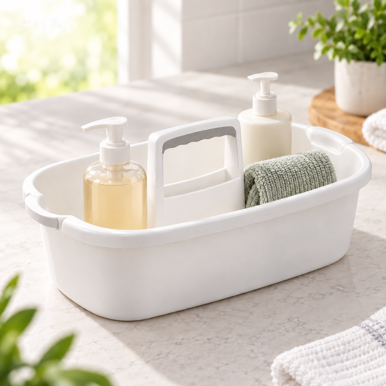 Cleaning supplies arranged in the open white caddy