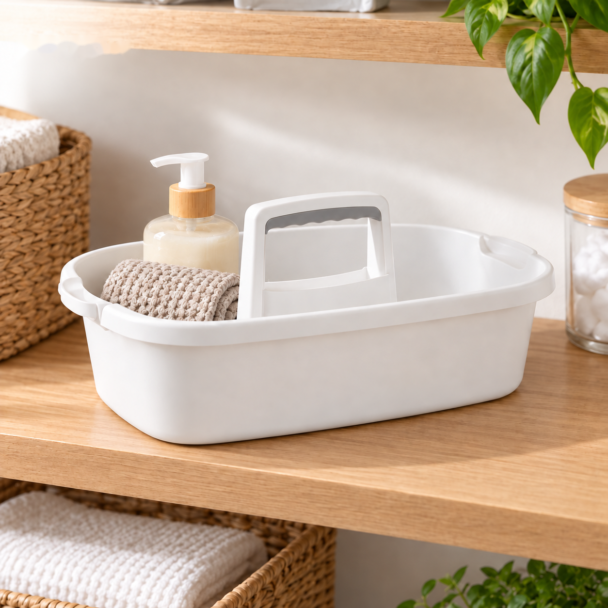 White caddy stored on a utility shelf