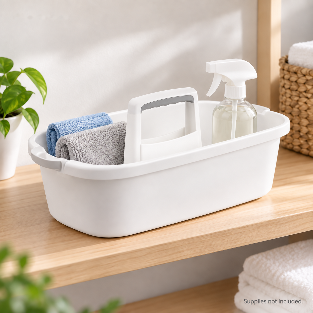 White cleaning caddy on a utility shelf