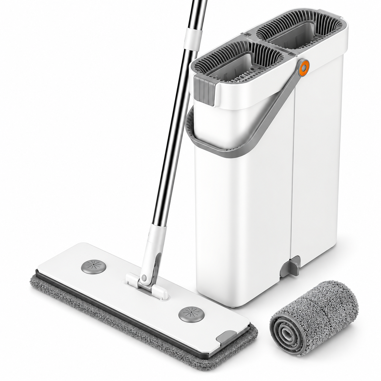 White flat mop bucket with separate wash and dry chambers