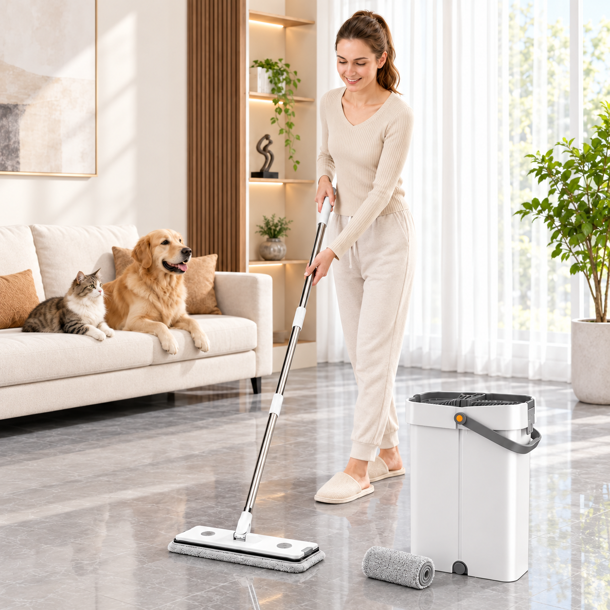 White flat mop and bucket in a bright home laundry area