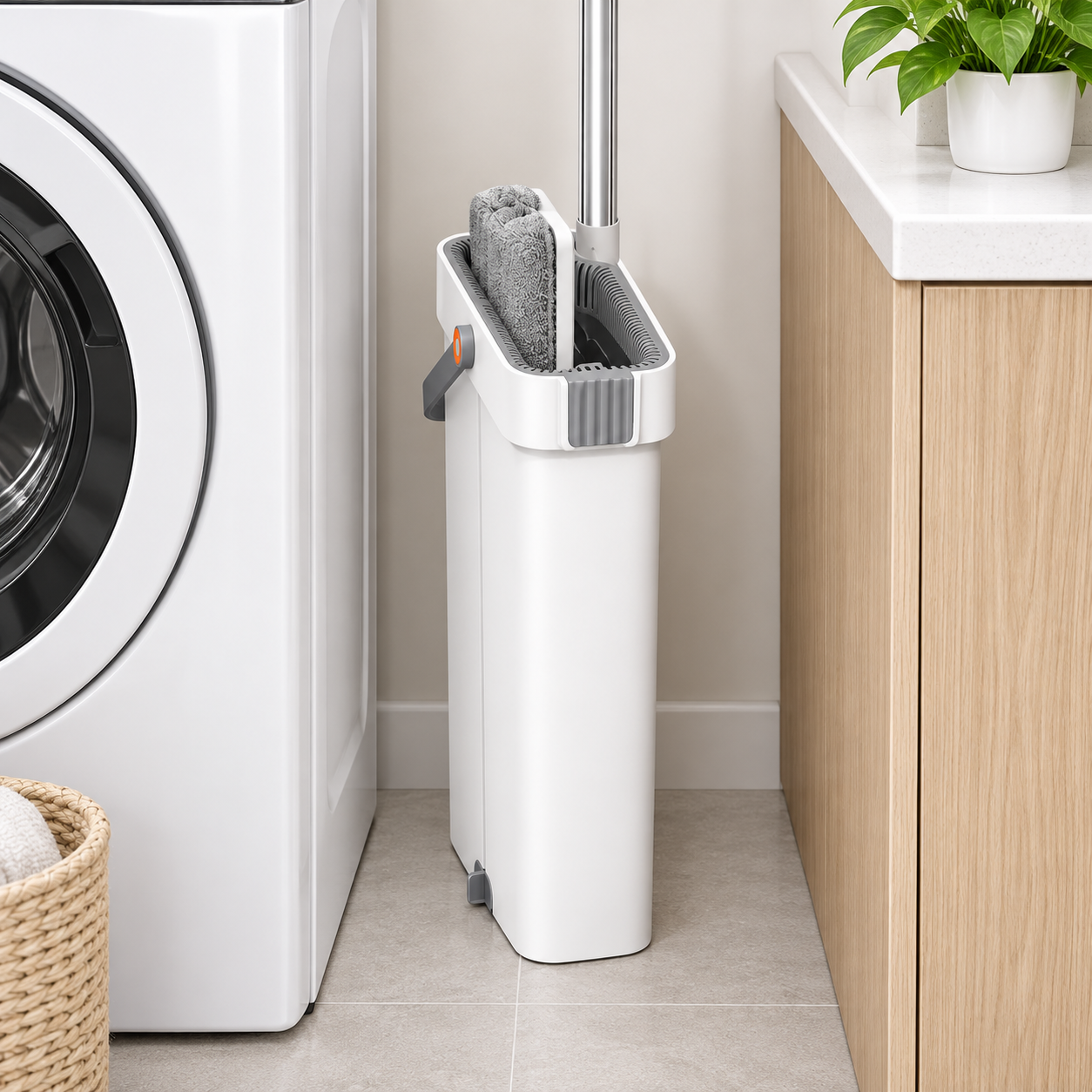 White flat mop stored upright in its slim bucket