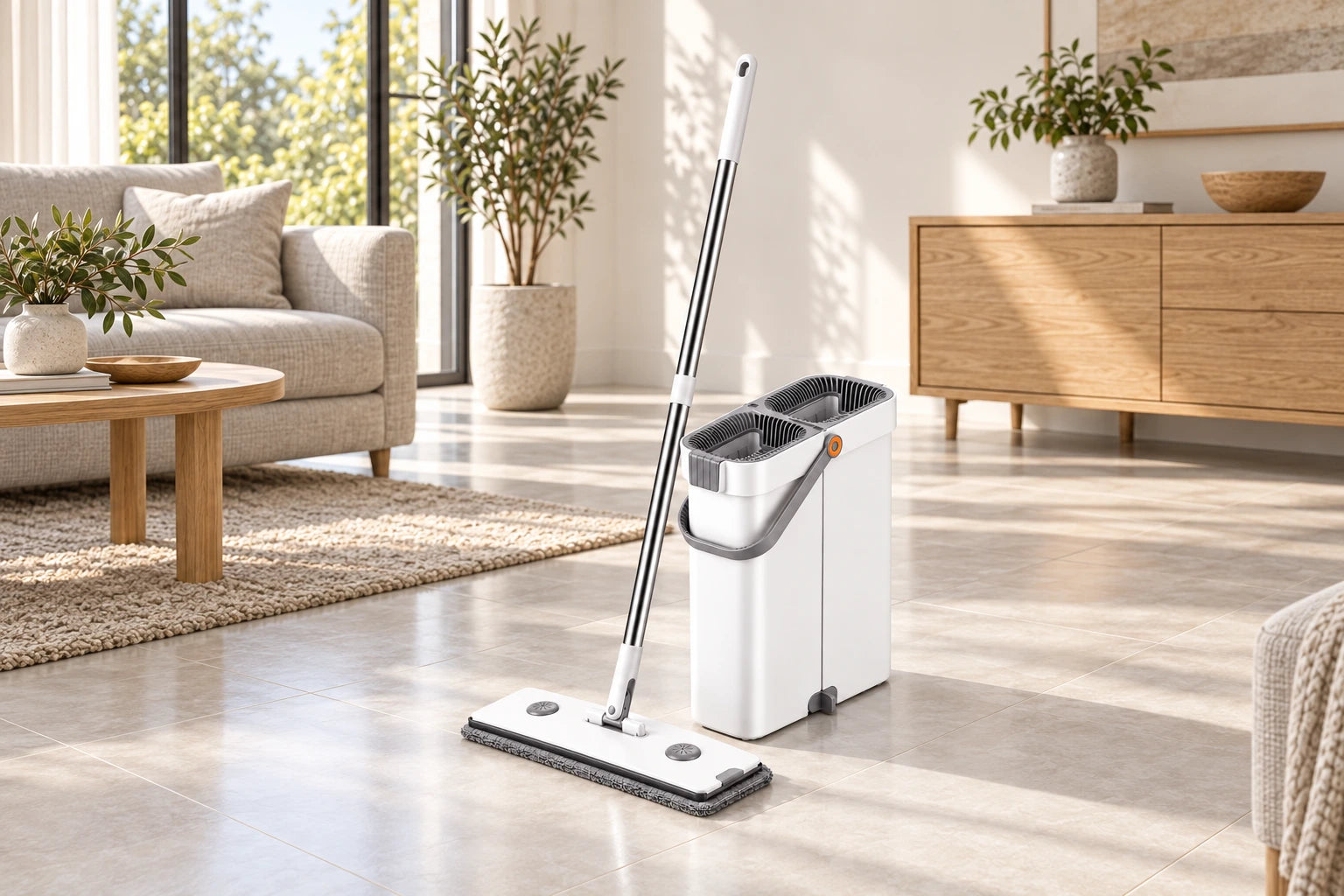 White flat mop and bucket set ready for everyday floor care