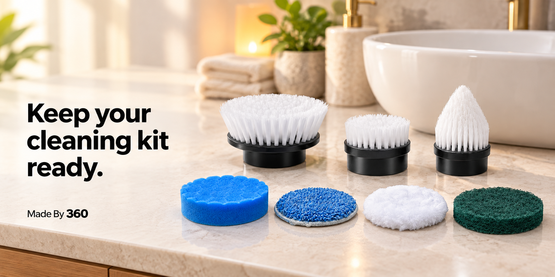 Keep your cleaning kit ready: three brushes and four pads beside a basin; props not included