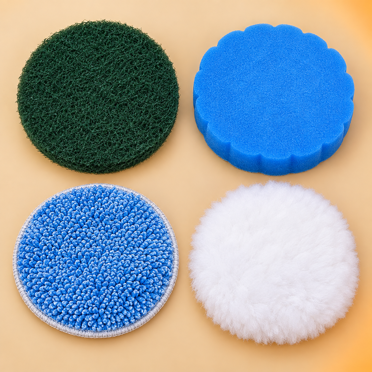 Green scouring, blue sponge, blue cloth and white wool-like replacement pads