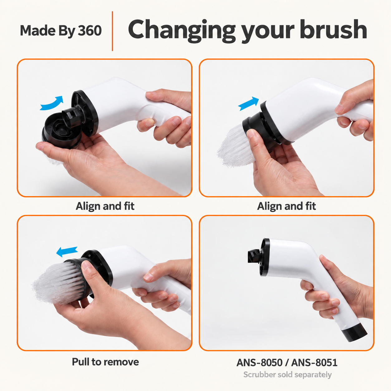 Fitting and removing a replacement brush on an ANS-8050 or ANS-8051 scrubber; scrubber sold separately