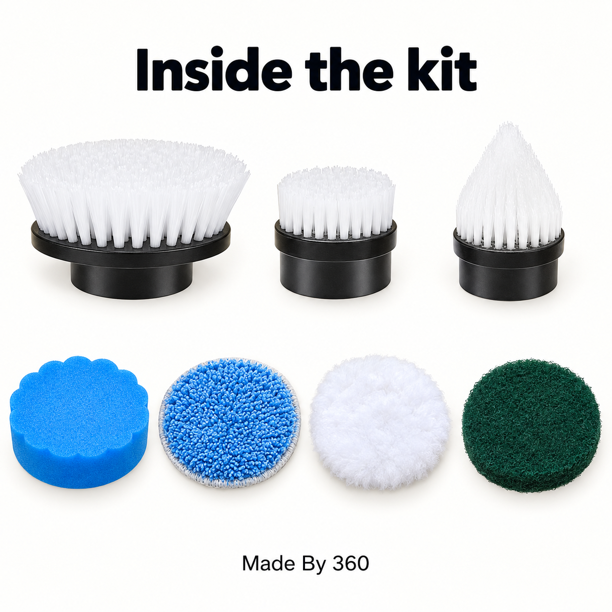 Kit contents: three brushes, one blue sponge pad, one blue cloth pad, one white wool-like pad and one green scouring pad