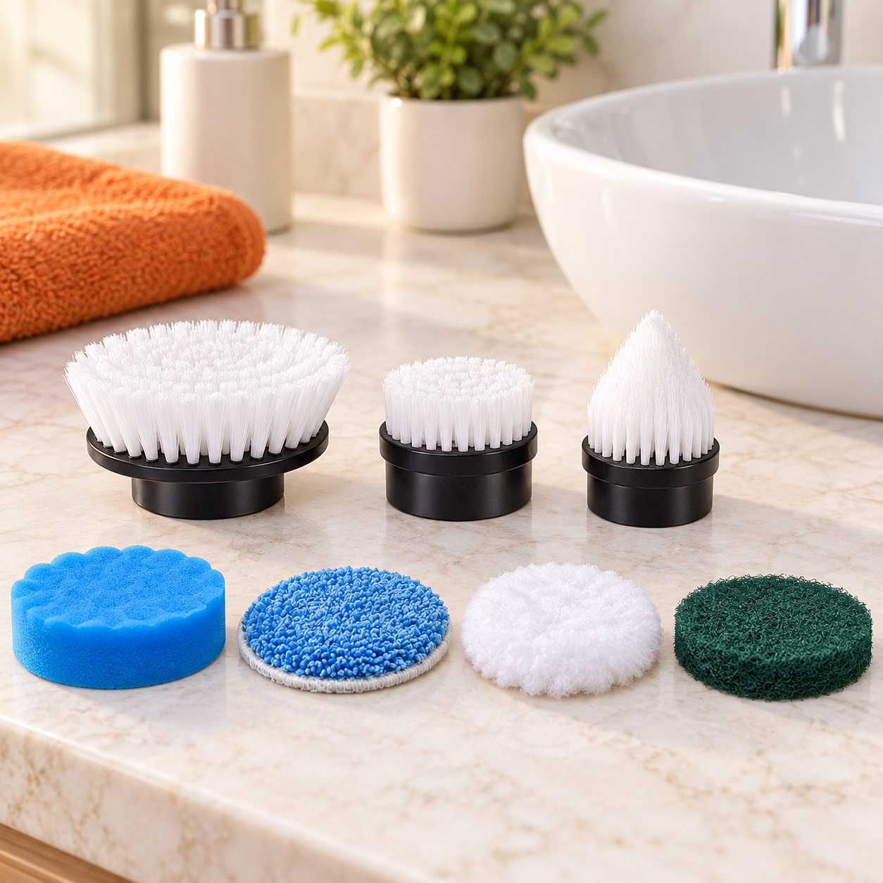 Three replacement brushes and four pads arranged beside a bathroom basin; bathroom accessories not included