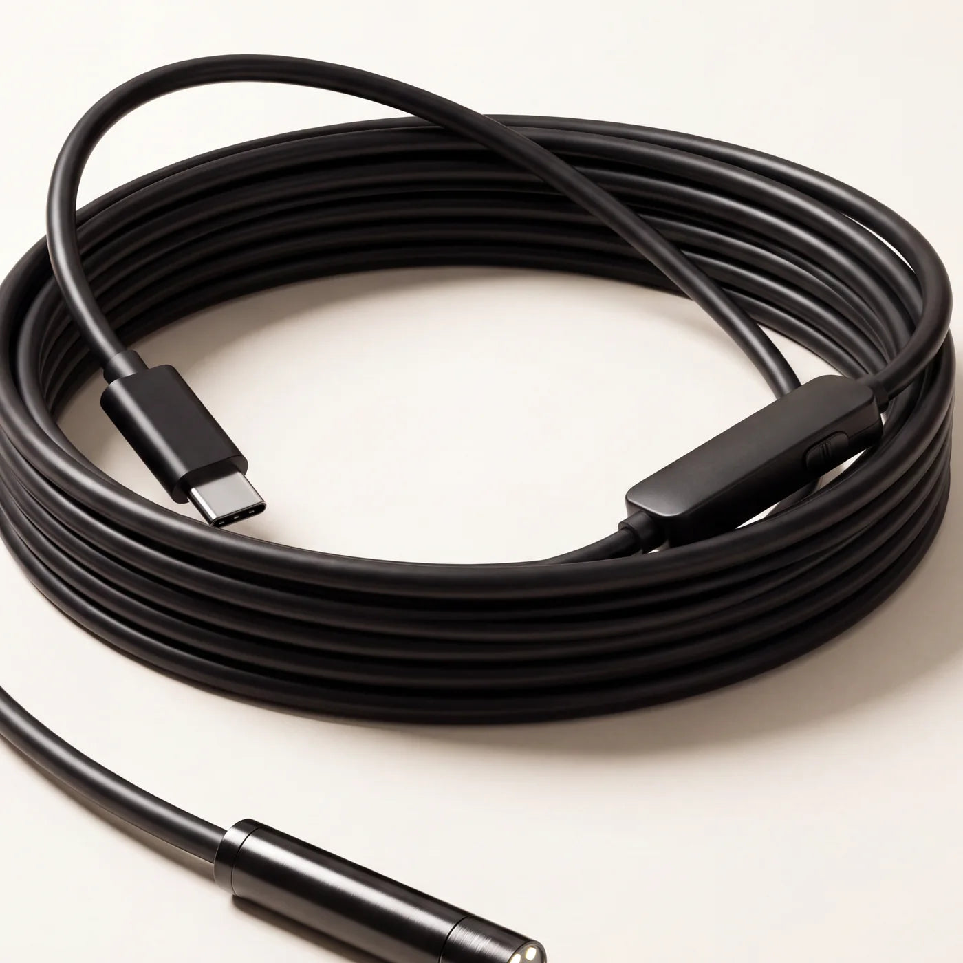 Type-C plug and inline module on the coiled inspection camera cable