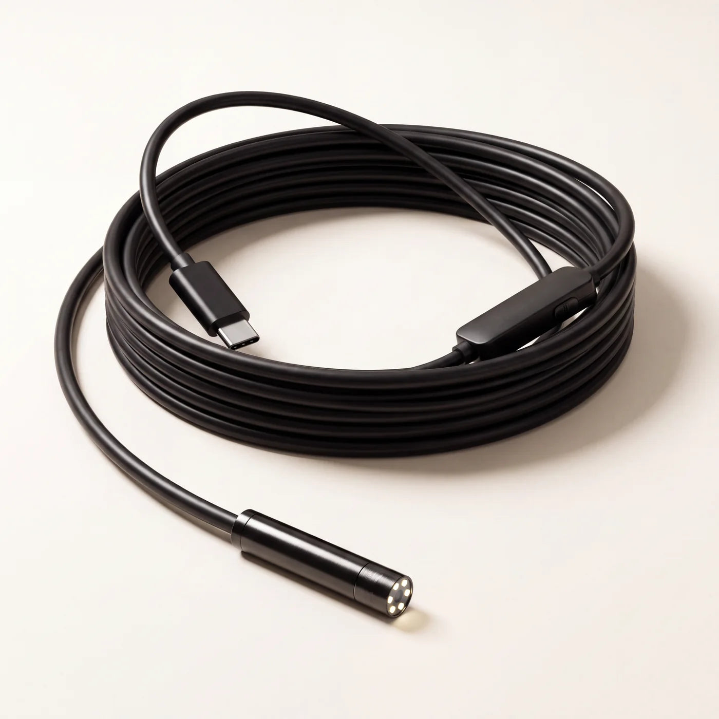 Type-C inspection camera with coiled black snake cable, Type-C plug and LED camera tip
