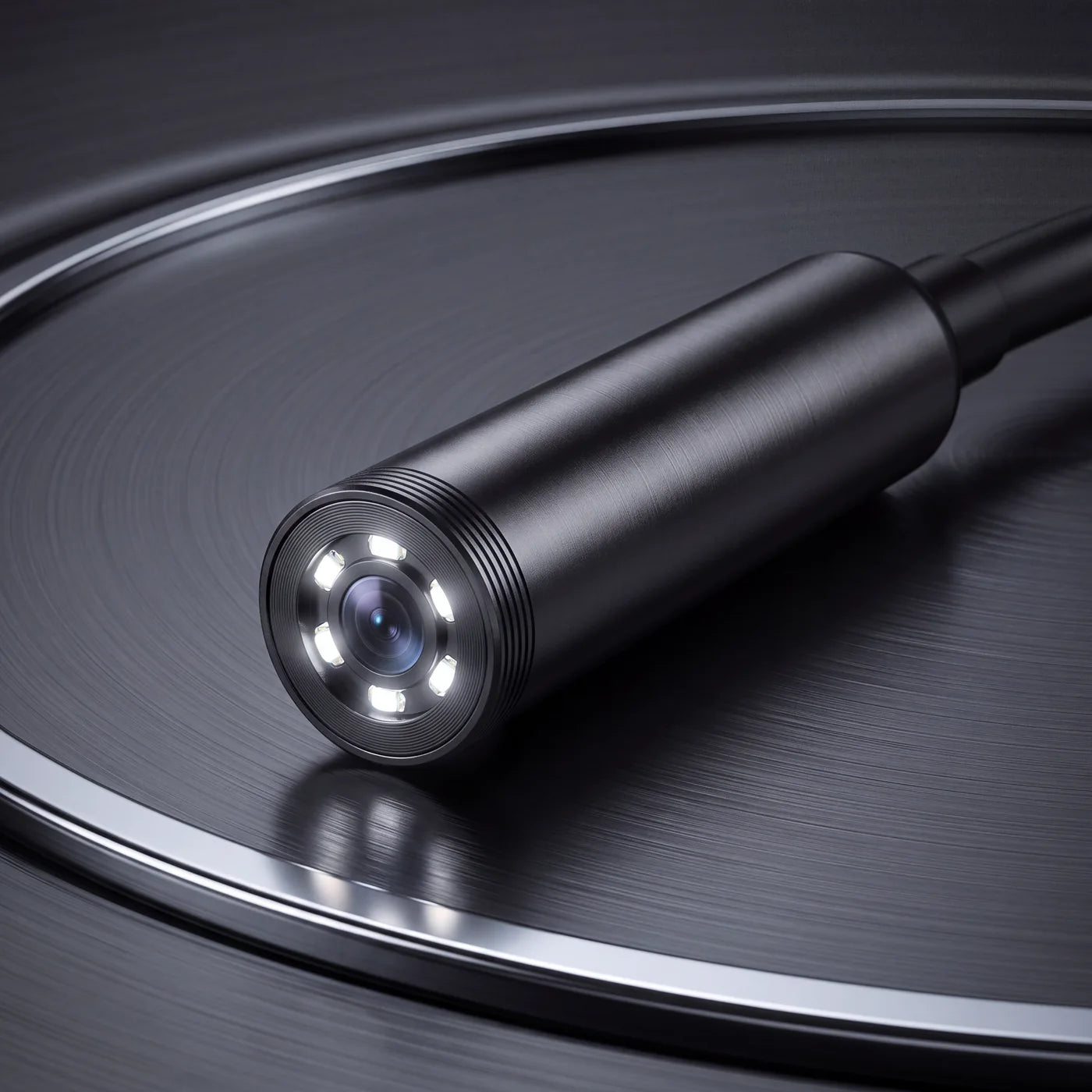 Close-up of the inspection camera tip with six LED lights around the lens