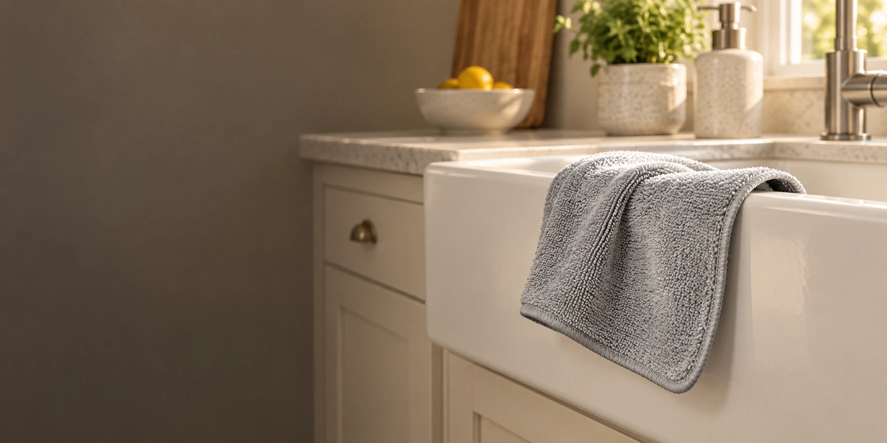 Grey cloth draped over a kitchen sink edge