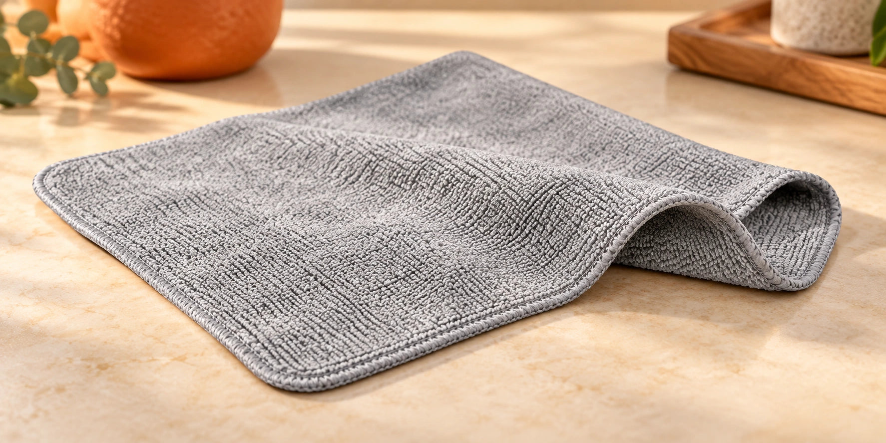 Grey microfiber cloth partially unfolded on a tabletop