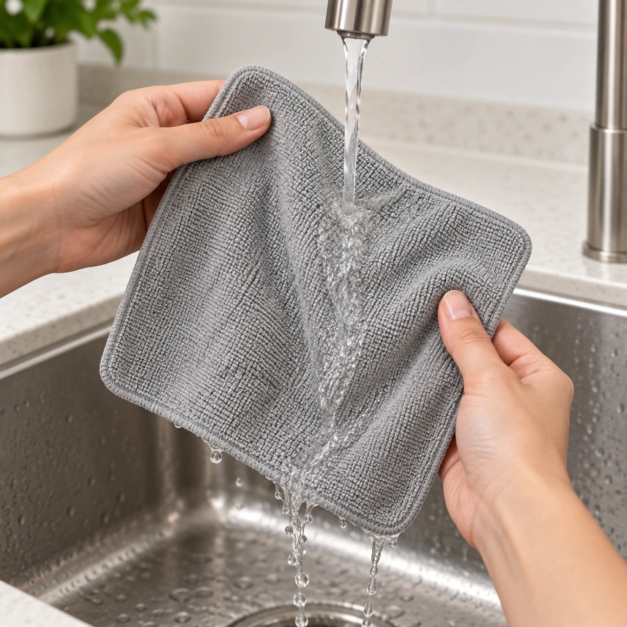 Grey cloth being rinsed under a kitchen tap