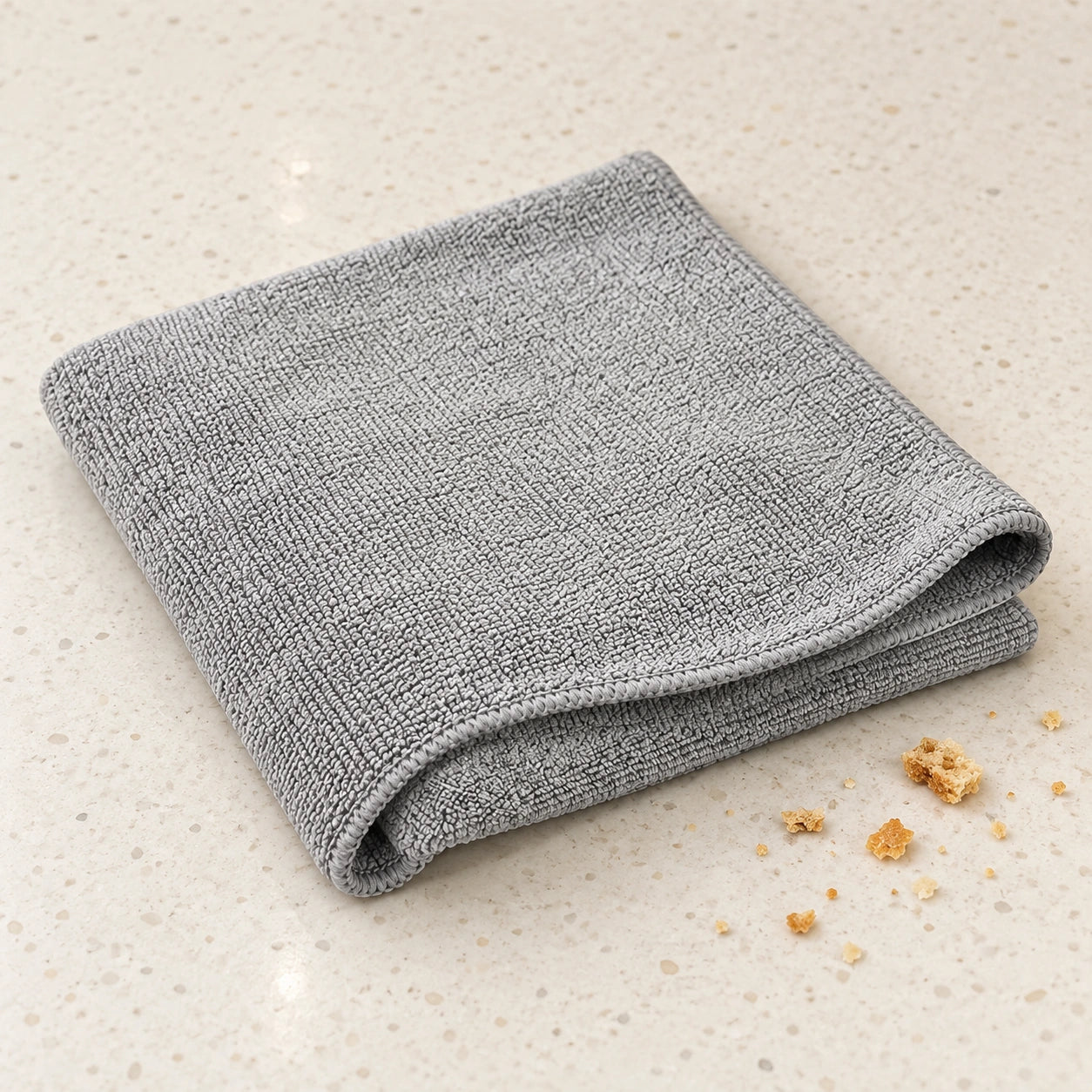 Folded grey cloth beside crumbs on a kitchen counter