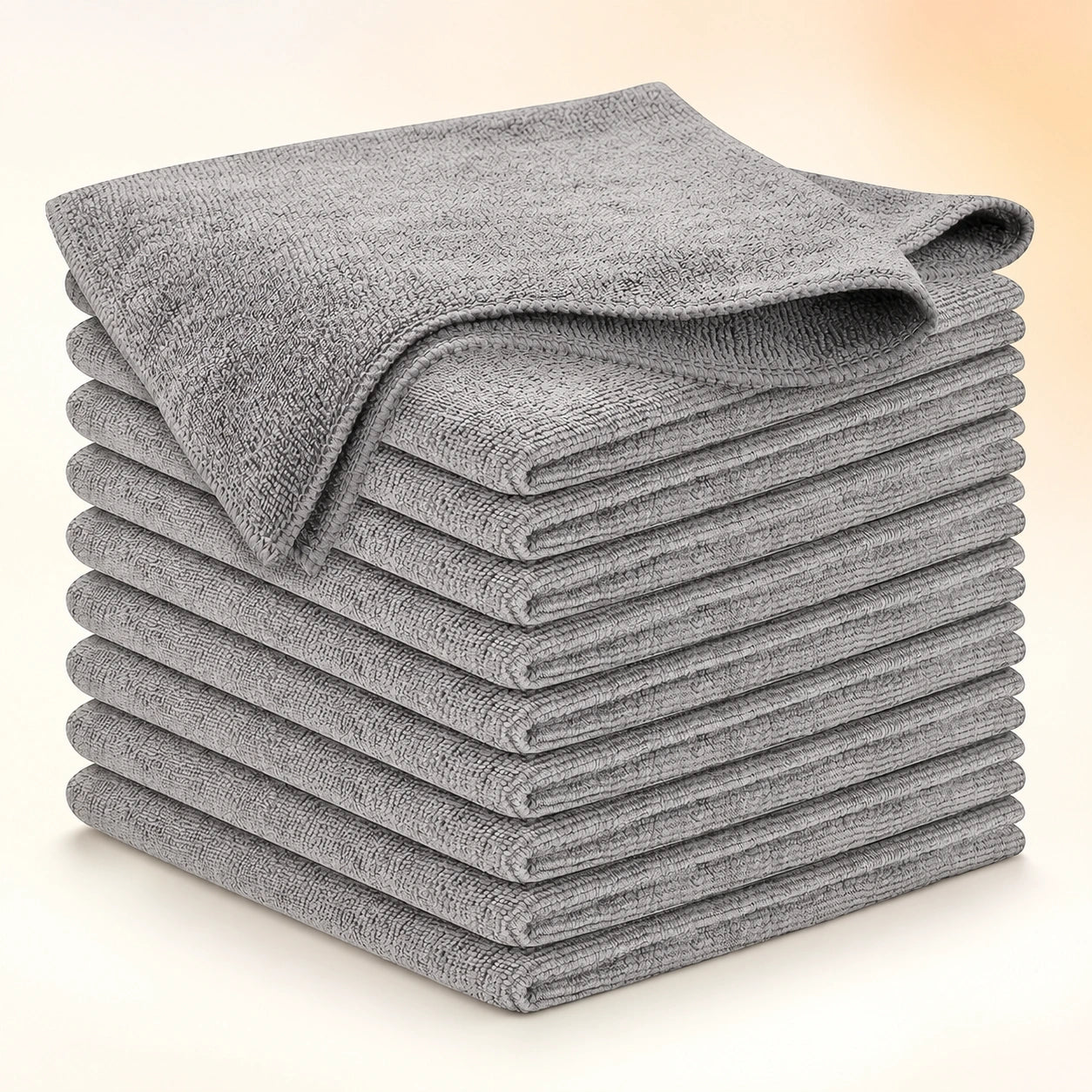 Ten folded light grey microfiber cleaning cloths