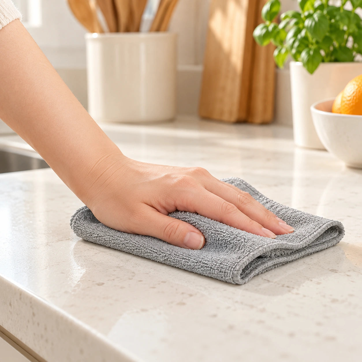 Grey microfiber cloth used to wipe a kitchen counter