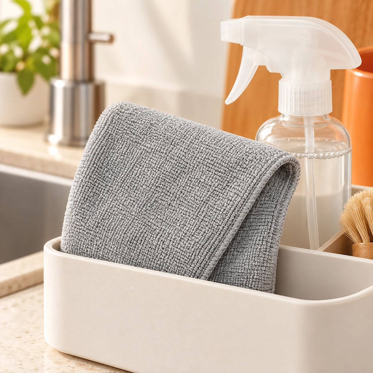 A grey cleaning cloth in a kitchen caddy; accessories not included